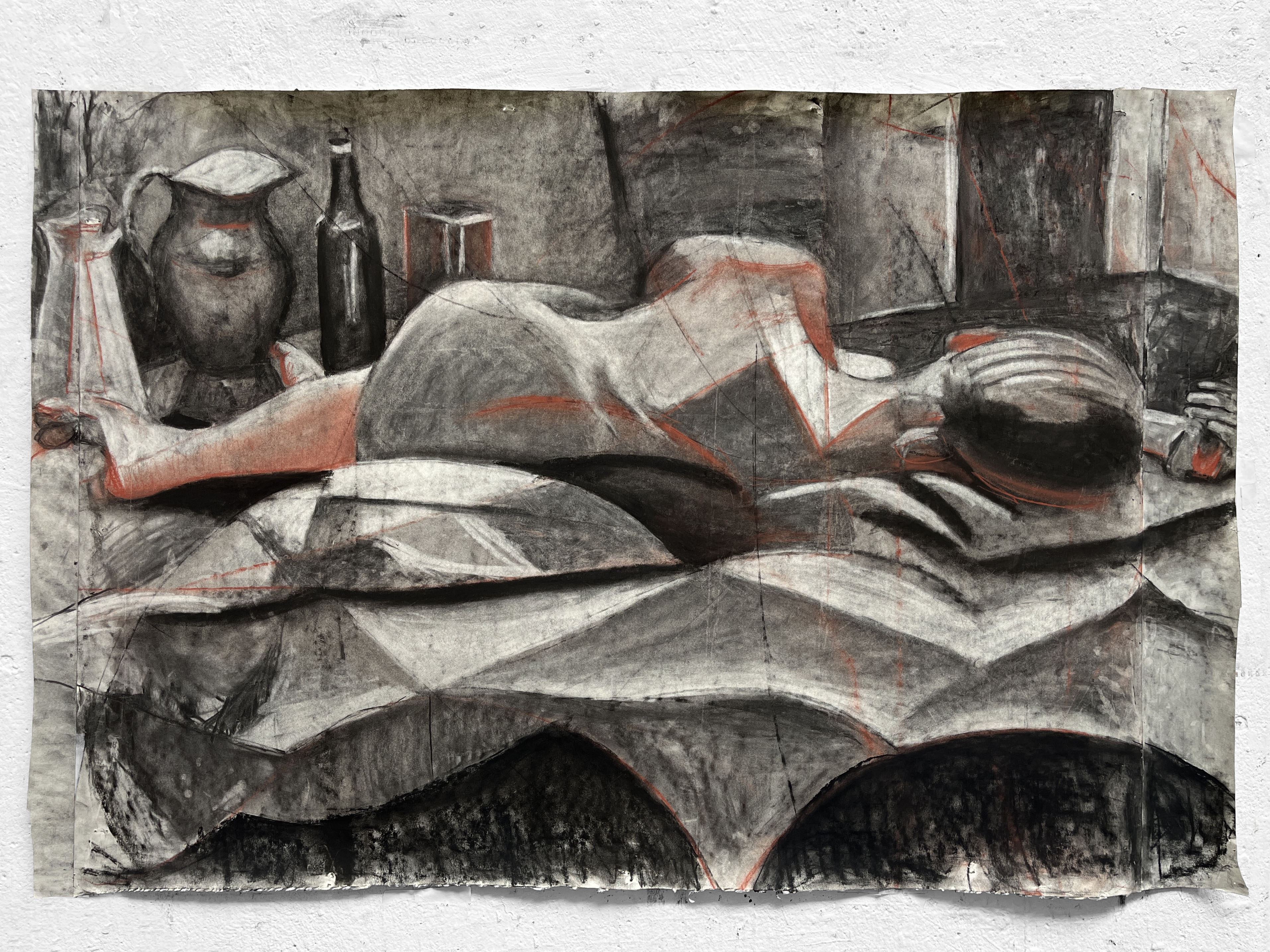 Into Bed, 33x48_, charcoal and conte on paper, 2025, AVAILABLE